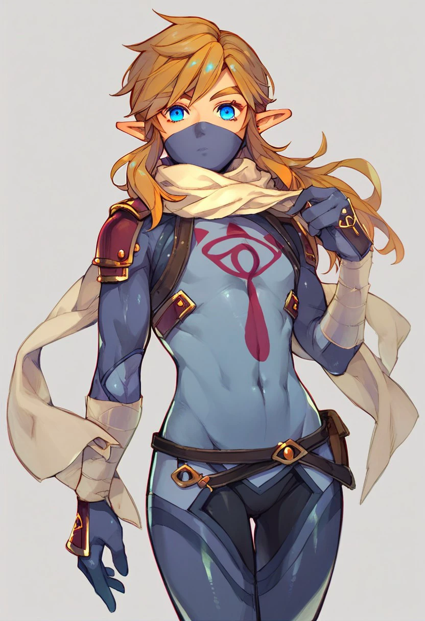 score_9, score_8_up, link, bodysuit, long hair, blue eyes, mask, scarf