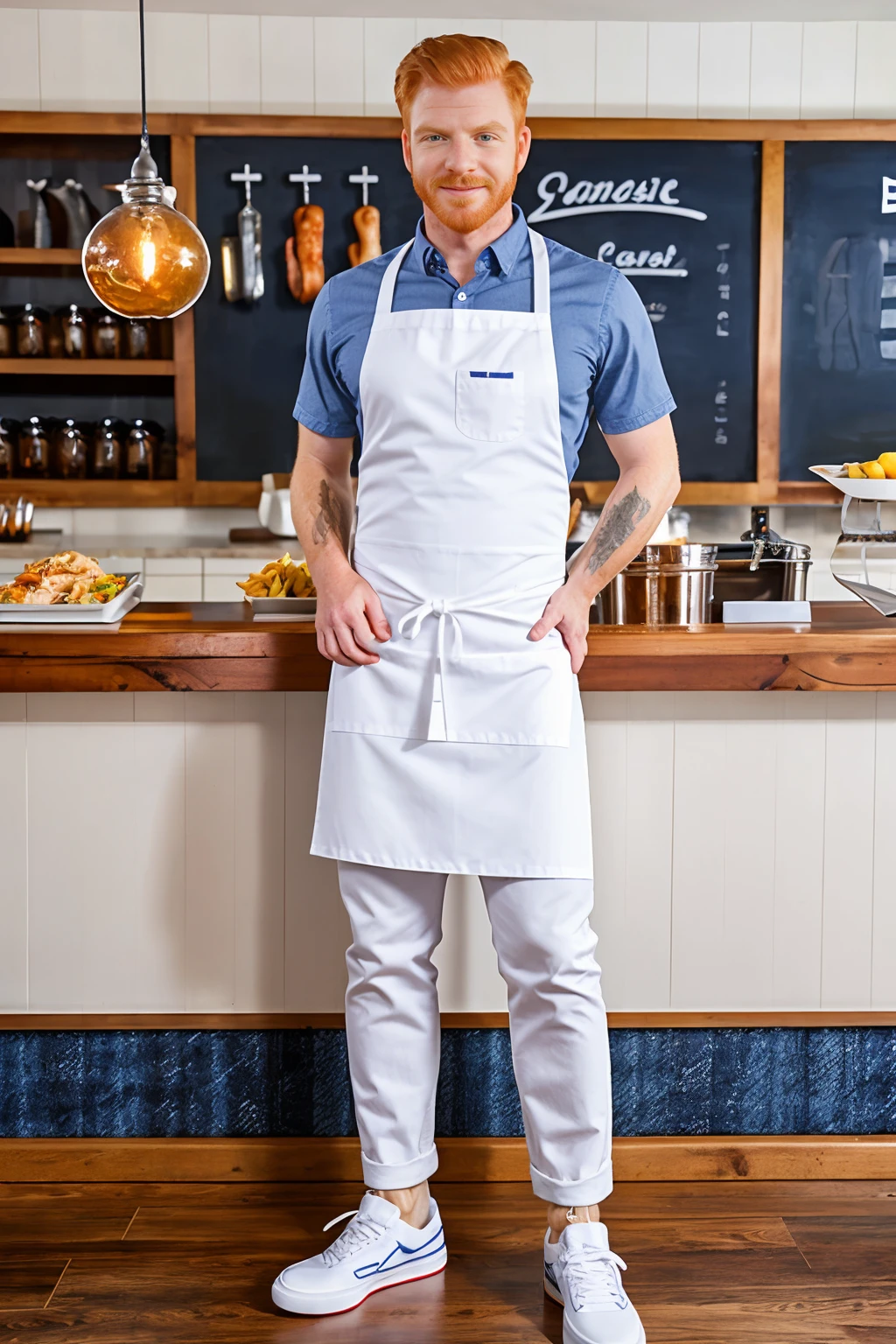 casual seafood restaurant, ginger hair, slightly smiling, BennettAnthony is a waiter, wearing shirt, denim jeans, socks, sneakers, ((white waiter's apron)),  (((full body portrait))), wide angle  <lora:BennettAnthony:0.8>