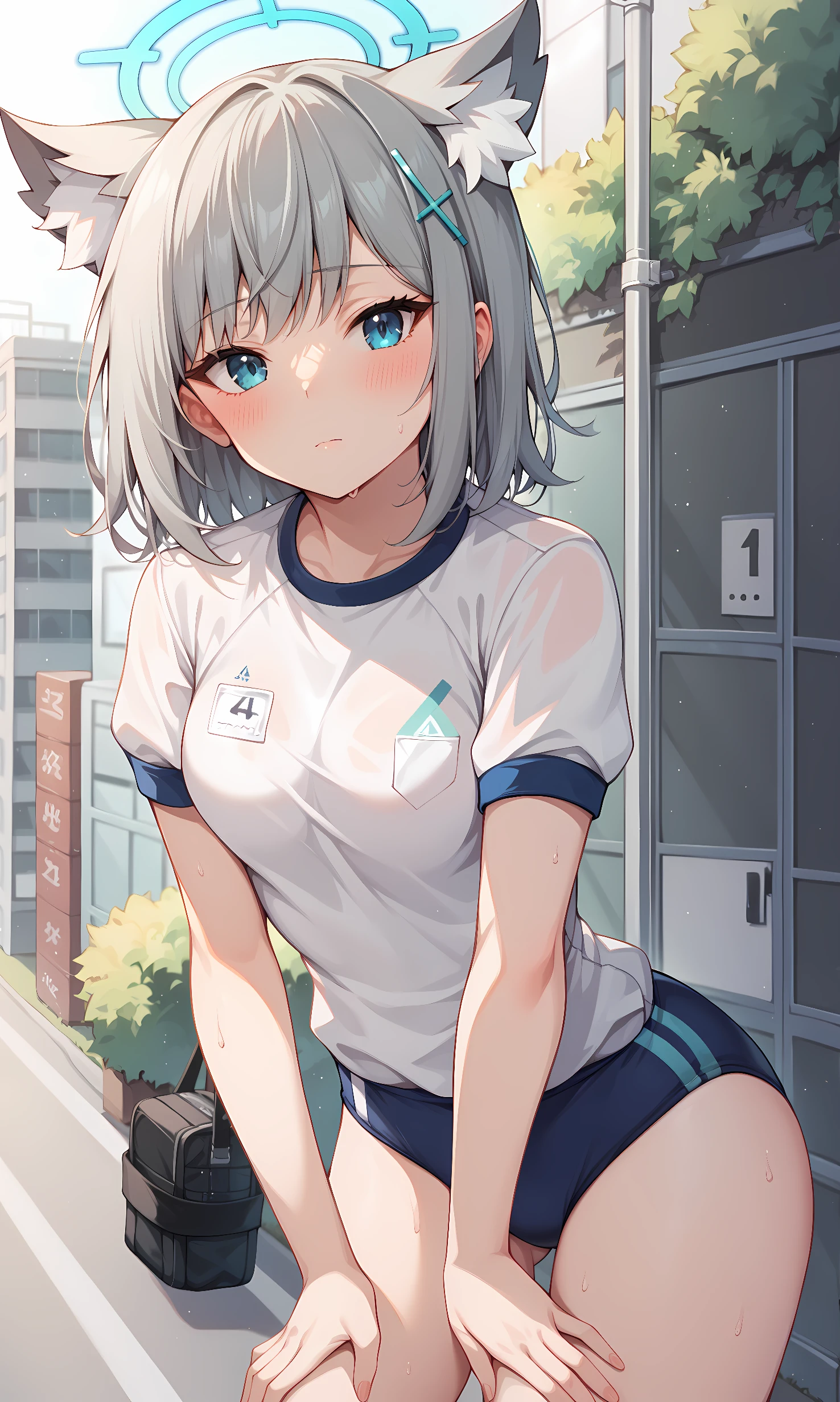 score_9, score_8_up, score_7_up, score_6_up, BREAK source_anime, 1girl, solo, outdoors, street, standing, cowboy shot, looking at viewer, shiroko, blue eyes, grey hair, short hair, cross hair ornament, fox ears, halo, white shirt, short sleeves, gym uniform, buruma, sweat, closed mouth, blush