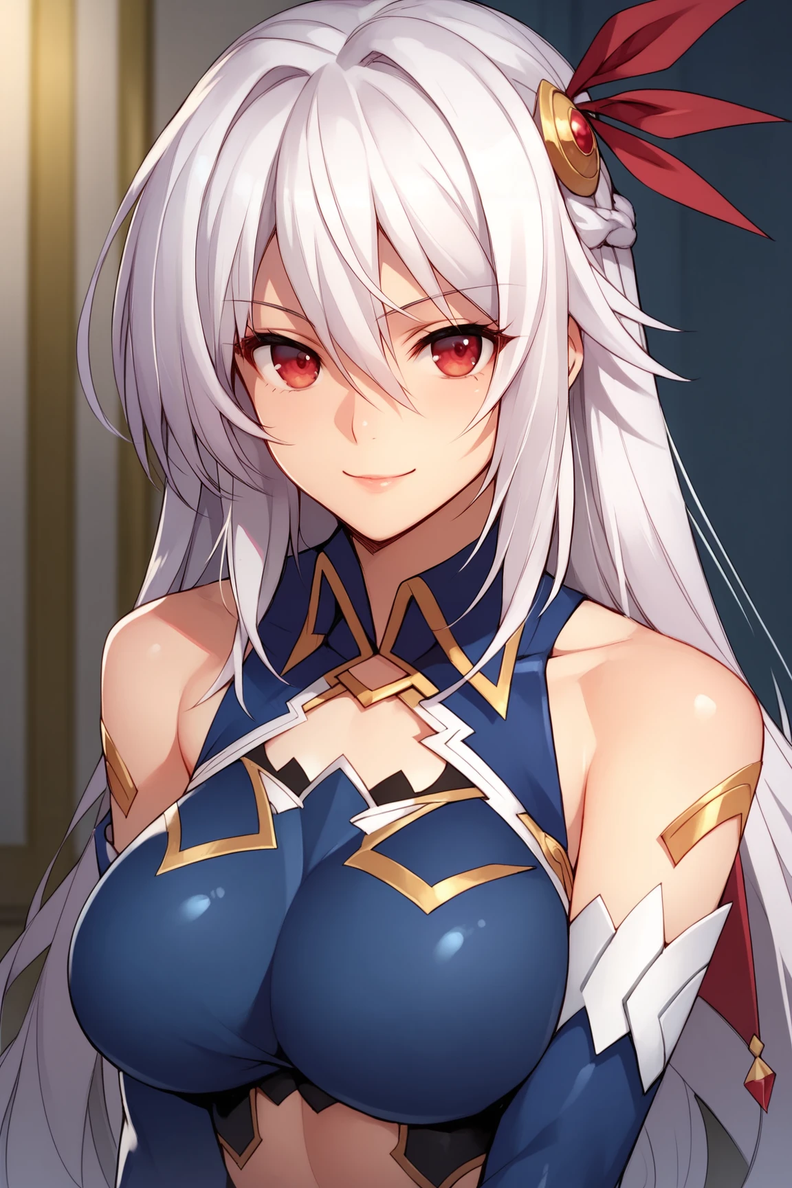 score_9, score_8_up, score_7_up, score_6_up, BREAK, EleonoraViltariaMOVXL, red eyes, white hair, long hair, hair between eyes, sidelocks, hair ornament, large breasts, clothing cutout, blue midriff, detached sleeves, blue sleeves, solo, front view, (portrait, upper body), solo focus, seductive smile, looking at viewer, indoors <lora:EleonoraViltariaMOVXL:0.8>