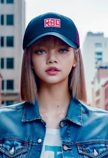 lalisa, girl posing for pic in front of tall building.
Blue eyes. small perfecteyes 
Wearing ripped Denim jacket red trucker hat
no makeup. Clear skin.  realistic skin style
Long dark black slick back hair. No makeup. Dusk, Street light. Looking at camera POV. Slight smile, tilting head.. Tilt head.
Medium Close Up shot. Bokeh. Bokeh light.