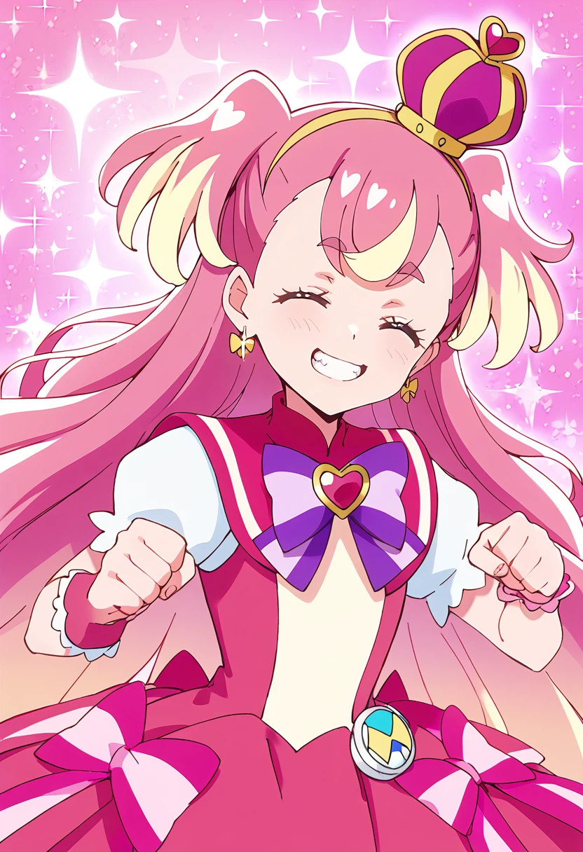 score_9, score_8_up, score_7_up, source_anime, BREAK
cure wonderful, 1girl, solo, smile, pink hair, closed eyes, multicolored hair, grin, blonde hair, pink background, eyebrows visible through hair, gradient hair, paw pose, two-tone hair, clenched hands, upper body, bangs, facing viewer, teeth, two side up, shiny hair, sparkle, pink theme, very long hair, looking at viewer, pink skirt, hands up, ^ ^, hair ornament, wrist cuffs, eyelashes, mini crown, happy, :3, bowtie, purple neckwear, anime coloring, striped bow, arm warmers, open mouth, purple hair, flower earrings, long sleeves, simple background, pink bow, pink dress, streaked hair, clenched teeth, gradient, pink sailor collar, arms up, purple background, :d, puffy short sleeves, striped neckwear, floating hair, standing, sparkle background, cowboy shot, heart background, thick eyebrows, heart brooch, pouch, dress bow, tilted headwear, yellow hairband, dot nose, short dress, straight-on, multicolored bow, striped clothes
<lora:cure_wonderful_inukai_komugi_sdxl_locon_pony_v1:0.7>