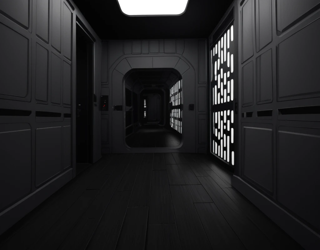 score_9, score_8_up, score_7_up, Imperial-Style, Imperial-Tech, Star Wars, monochrome, indoors, window, night, shadow, scenery, wooden floor, stairs, tiles, door, light, dark, tile floor, ceiling, hallway, ceiling light, realistic  <lora:SW_Imperial_Style:1>