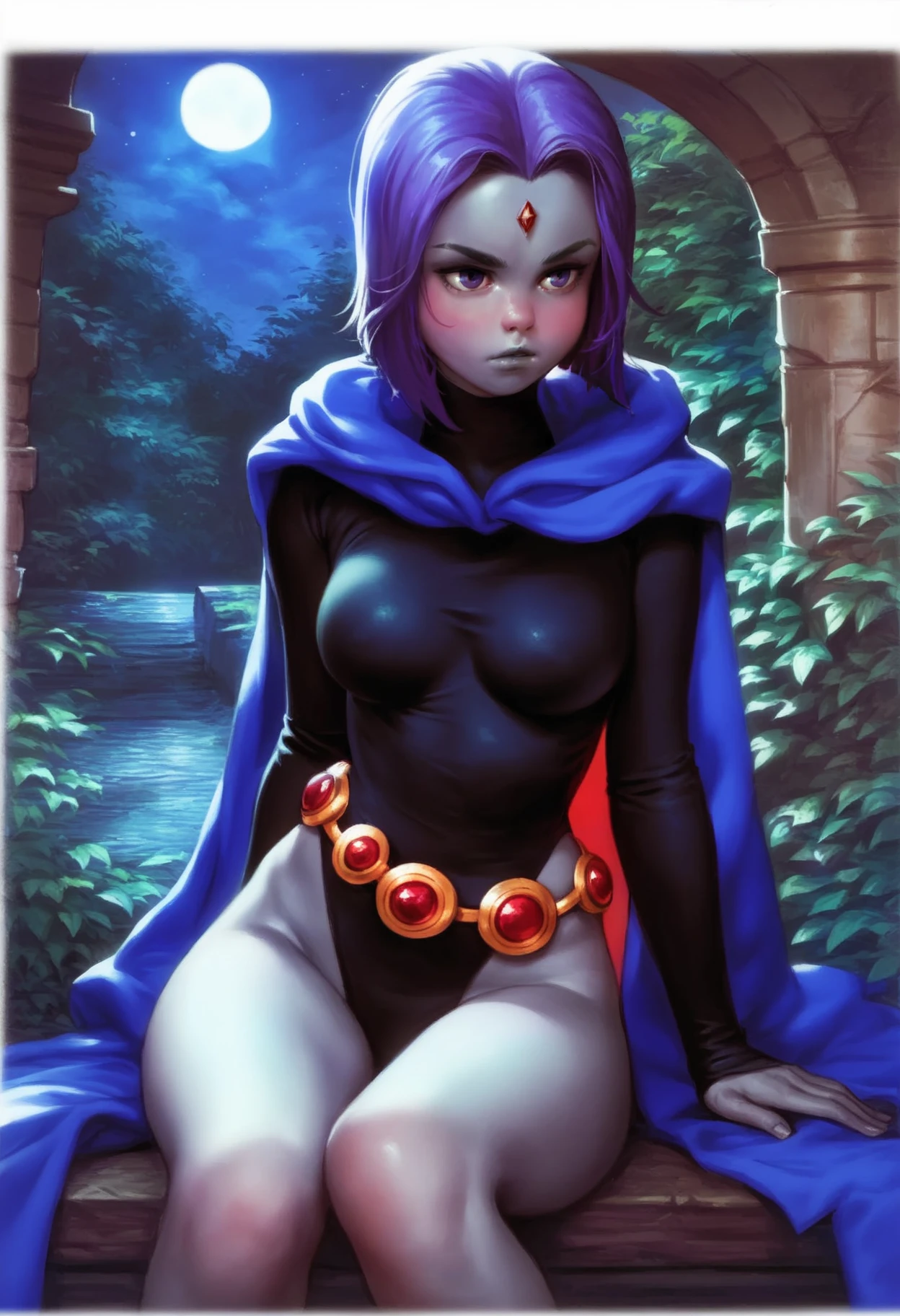 score_9, score_8_up, score_7_up, BREAK, marlier, 1girl, solo, breasts, raven \(dc\), cloak, grey skin, thighs, outdoors, night sky, night, black leotard, long sleeves, purple hair, belt, wariza, sitting   <lora:MarcelMarlierXLLocon:1>