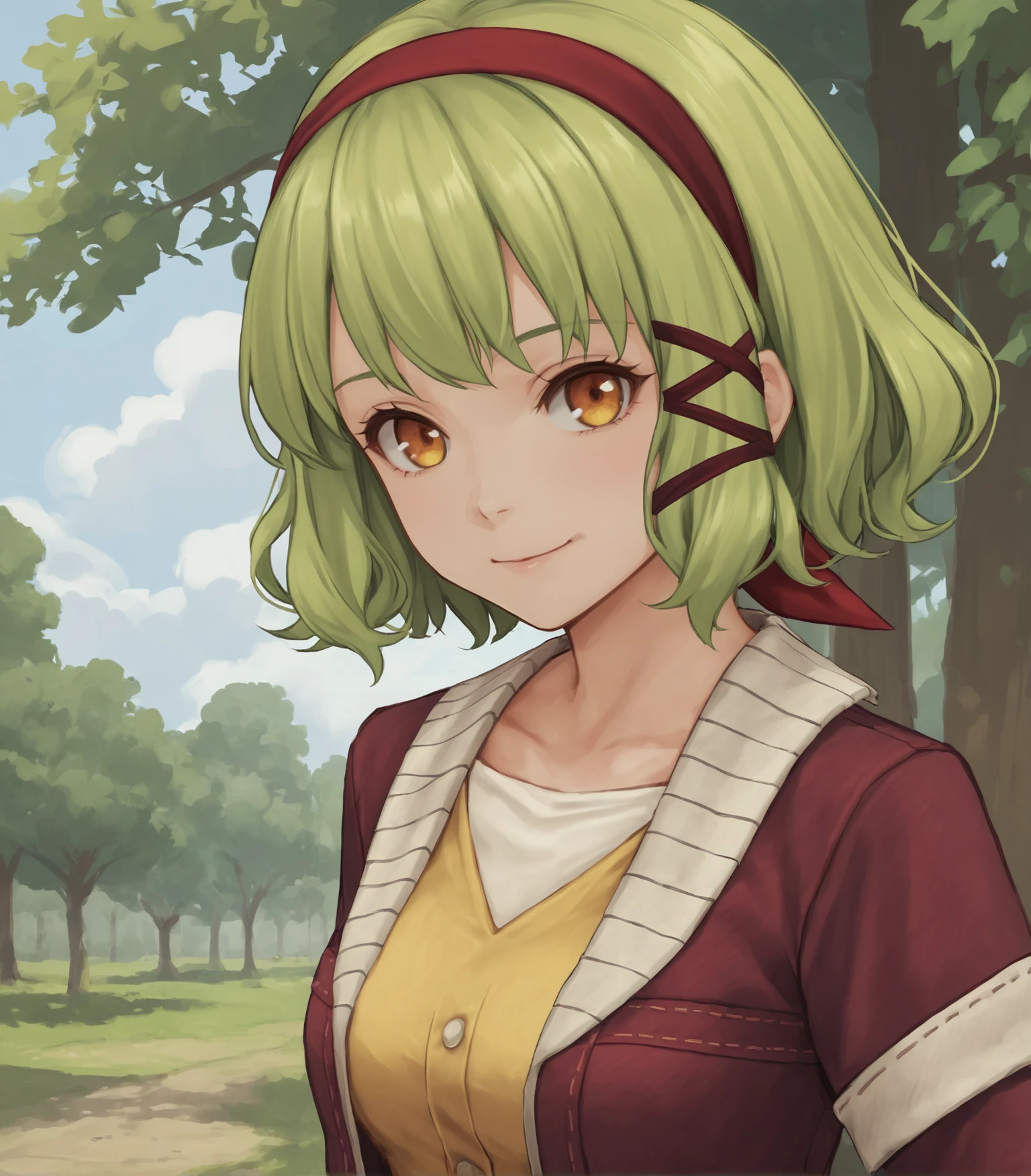 score_9, score_8_up, score_7_up, score_6_up, score_5_up, score_4_up, BREAK source_anime,
1girl, solo,  upper body, portrait  looking at viewer, smile, outdoors, sky, trees, 
 <lora:Becky:0.9>, Becky, short hair, green hair,red headband, hairband, hair ornament, medium breasts, red jacket, yellow shirt, white capri pants, red high heels,