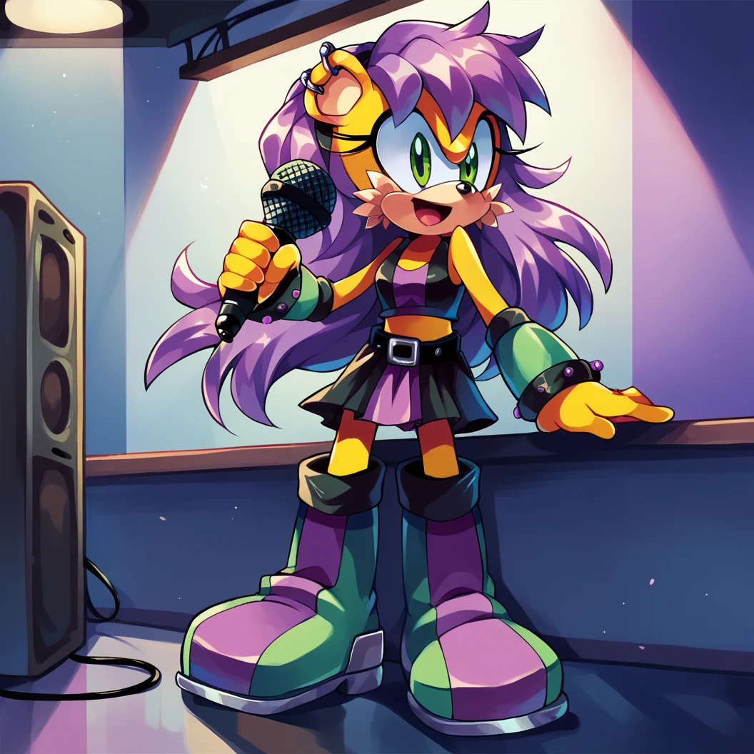 score_9, score_8_up, score_7_up, score_6_up, score_5_up, score_4_up, BREAK,  <lora:Minamongoose:1>, mina mongoose, indoors, yellow fur, purple hair, furry female, green eyes, 1girl, solo,  earrings, long hair, crop top, sleeveless, belt, midriff, minkiskirt, boots, midriff, holding microphone,  :P,