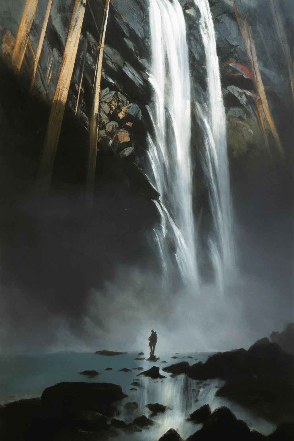 Line drawing painted figures,The waterfall in the mountain,as if flowing down from the clouds,the hazy clouds on the top of the mountain,the hazy mist,the dense trees on the mountain,stand under the waterfall,look up,(Jeremy Mann's painting:1.3). emotion,harmony,vignette,4k epic detail,epic,gorgeous,chinese landscape,waterfall in the mountains,flowing down from the clouds,hazy clouds at the top of the mountain,hazy mist,dense mountains,standing under the waterfall,looking up,(Jeremy Mann's painting:1.3),elegant,highly detailed,professional romantic composition,systematic,beautiful,lush,impressive,