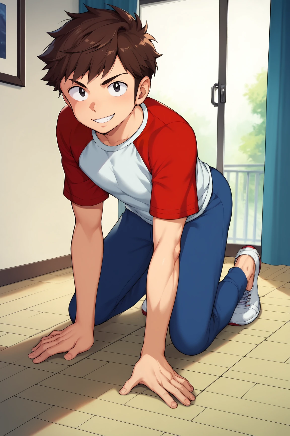 score_9, score_8_up, score_7_up, score_6_up, BREAK, AtaroMoroboshiUYXL, black eyes, brown hair, short hair, pectorals, white shirt, red raglan sleeves, short sleeves, blue pants, white shoes, solo, all fours, seductive smile, looking at viewer, indoors  <lora:AtaroMoroboshiUYXL:1>