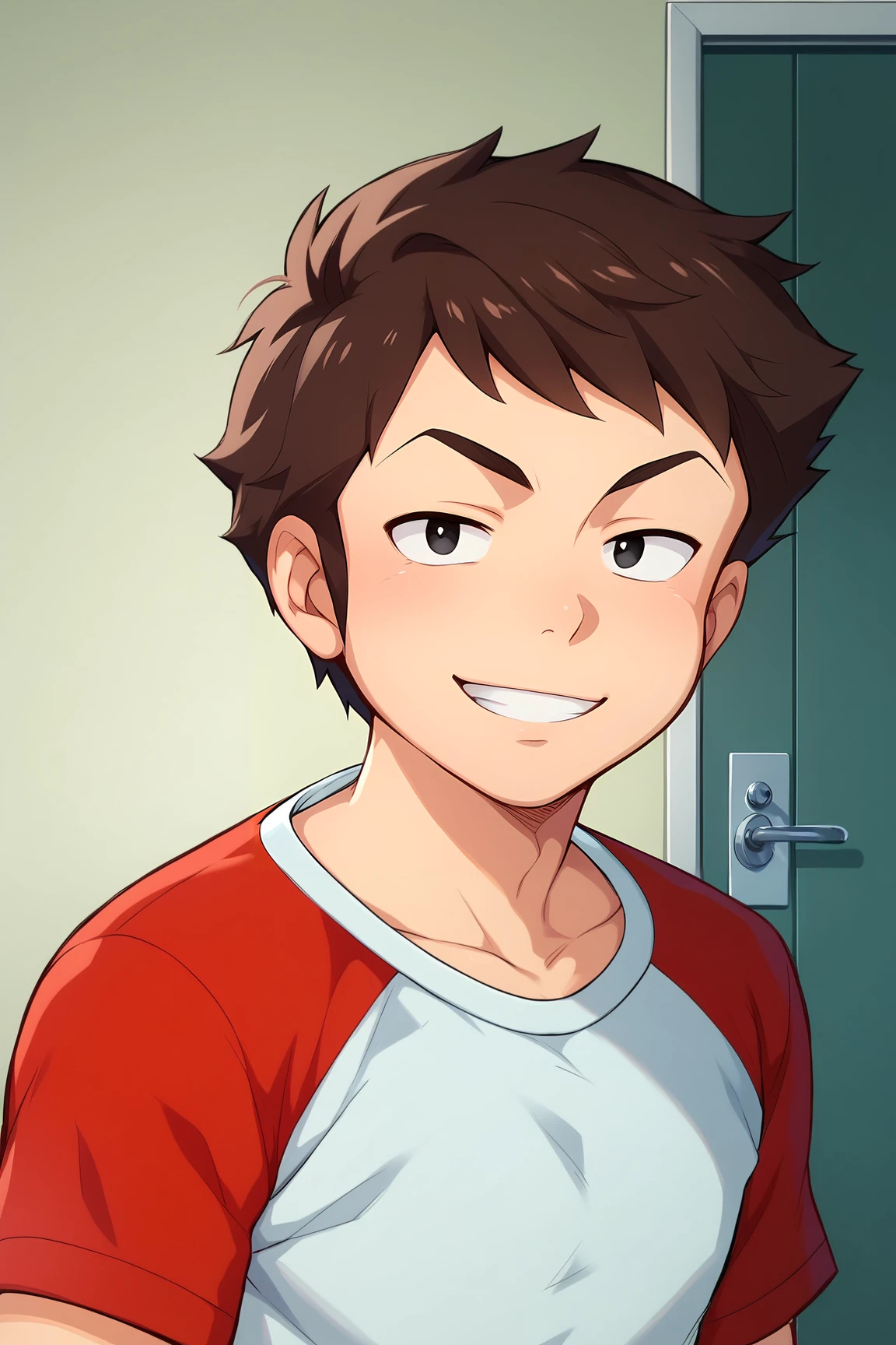 score_9, score_8_up, score_7_up, score_6_up, BREAK, AtaroMoroboshiUYXL, mature male, black eyes, brown hair, short hair, pectorals, white shirt, red raglan sleeves, short sleeves, solo, front view, (portrait, upper body), solo focus, seductive smile, looking at viewer, indoors  <lora:AtaroMoroboshiUYXL:1>