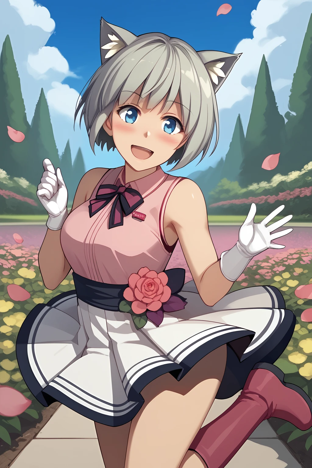 Ichigo, cat ear, cat tail, dimgrey hair, short hair, deepskyblue eyes, pink sleeveless blouse, violet pleated skirt, short pink boots, white glove,
(nsfw), (uncensored), (score_9), score_8_up, score_7_up, source_anime, cowboy shot, dynamic pose, Happy, Smile, Parted Lips, blush, ashamed, shy, sexy, charming, alluring, seductive, enchanting, erotic,
((outdoors)), ((flower garden)), ((flowers)), ((many flowers)), spring petals, petals of flowers, spring, falling petals, flying butterflies<lora:EMS-446378-EMS:1.000000>