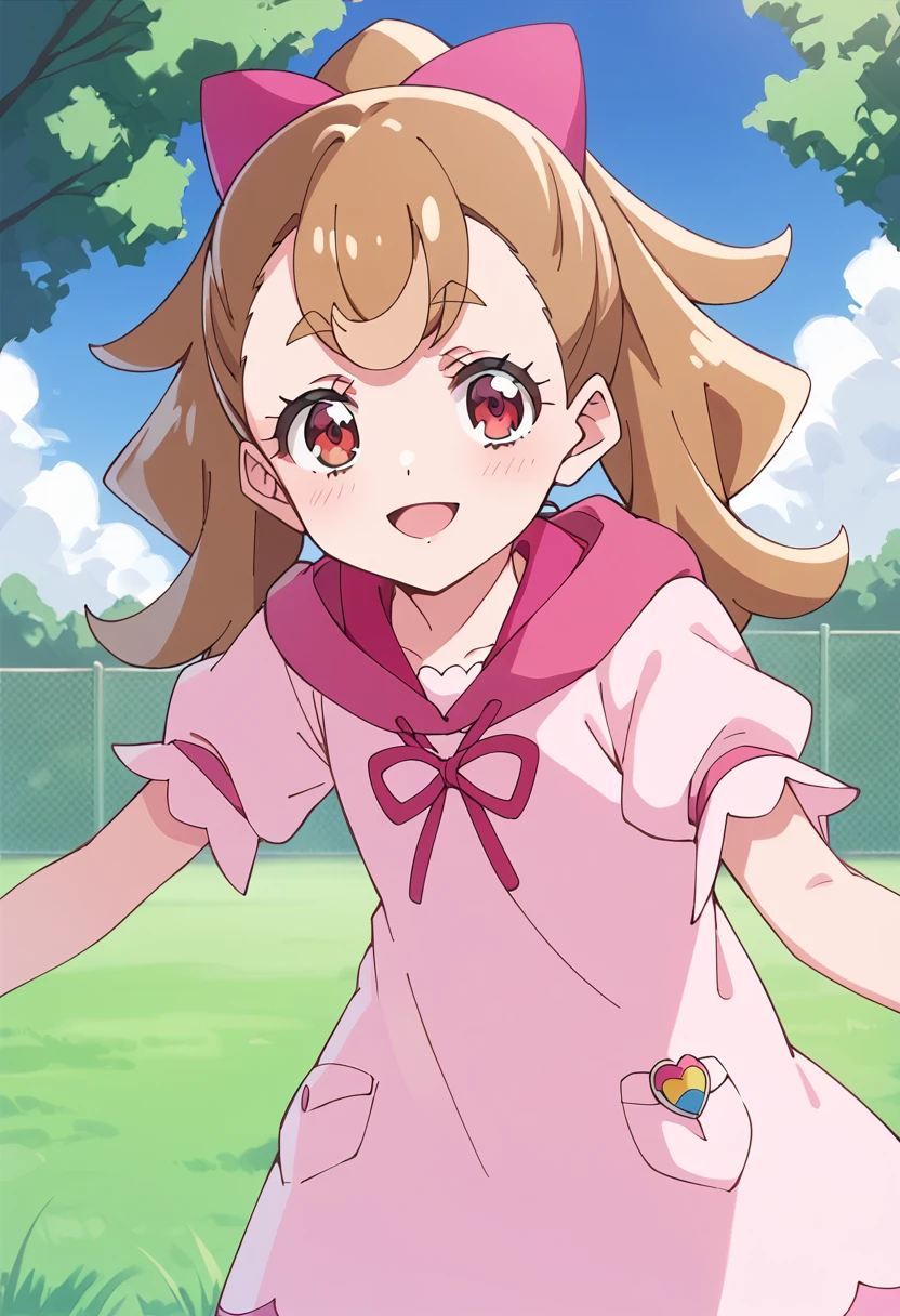 score_9, score_8_up, score_7_up, source_anime, BREAK
inukai komugi, 1girl, outdoors, brown hair, tree, day, eyelashes, smile, pink dress, long hair, hair bow, open mouth, light brown hair, cloud, standing, bangs, red eyes, blurry background, tongue, solo, grass, blue sky, brown eyes, pink bow, badge, ponytail, shiny hair, tied hair, neck ribbon, looking at viewer, pink ribbon, parted lips, puffy short sleeves, knees, short dress, fence, blush, collared dress, cowboy shot, bush, anime coloring, depth of field, twintails, pocket, hooded dress, high ponytail, thick eyebrows, hood down, spread arms
<lora:cure_wonderful_inukai_komugi_sdxl_locon_pony_v1:0.7>