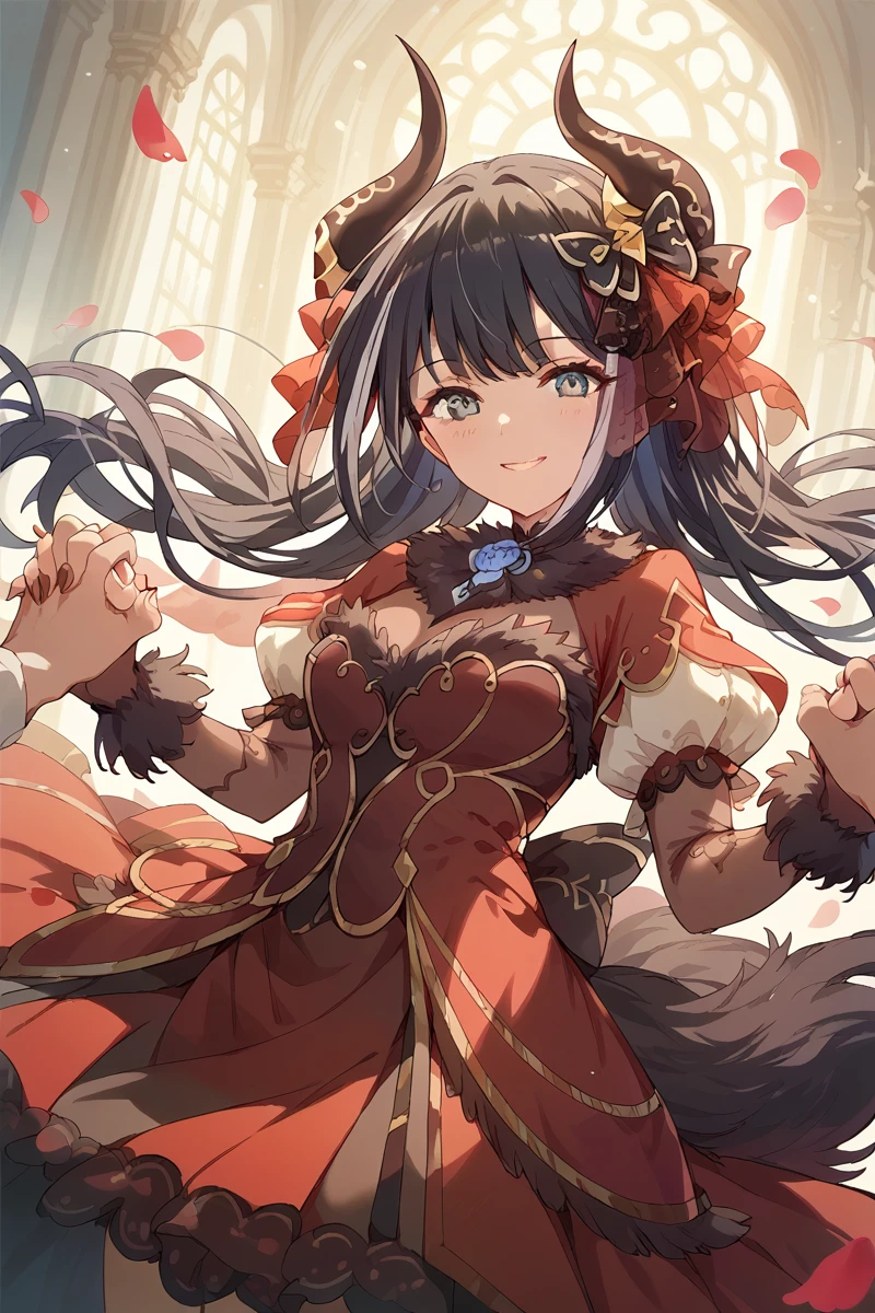 score_9, score_8_up, score_7_up, score_6_up, 1girl, 
 <lora:Kuina_Moriyasu:0.9> kuina, dress, long hair, petals, solo focus, black hair, hair ornament, horns, holding hands, grey eyes, puffy sleeves, fingernails, multiple girls, red dress, looking at viewer, smile, beast