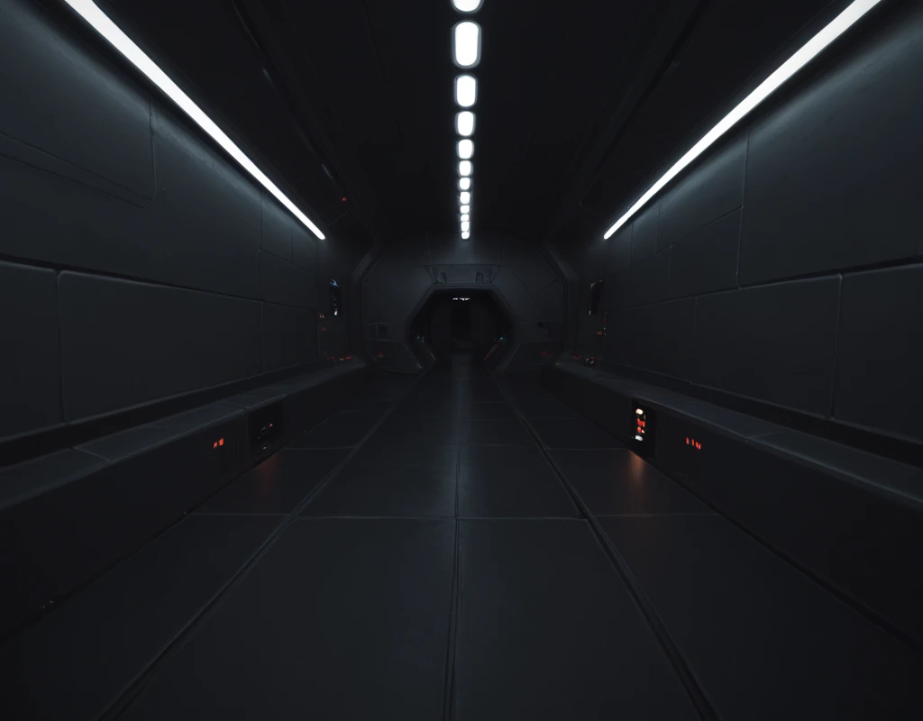 score_9, score_8_up, score_7_up, Imperial-Style, Imperial-Tech, Star Wars, indoors, window, night, shadow, scenery, floor, stairs, tiles, door, light, dark, tile floor, ceiling, living room, television, ceiling light, black walls, wall lights, science fiction, futuristic, rgb, realistic  <lora:SW_Imperial_Style:.7>