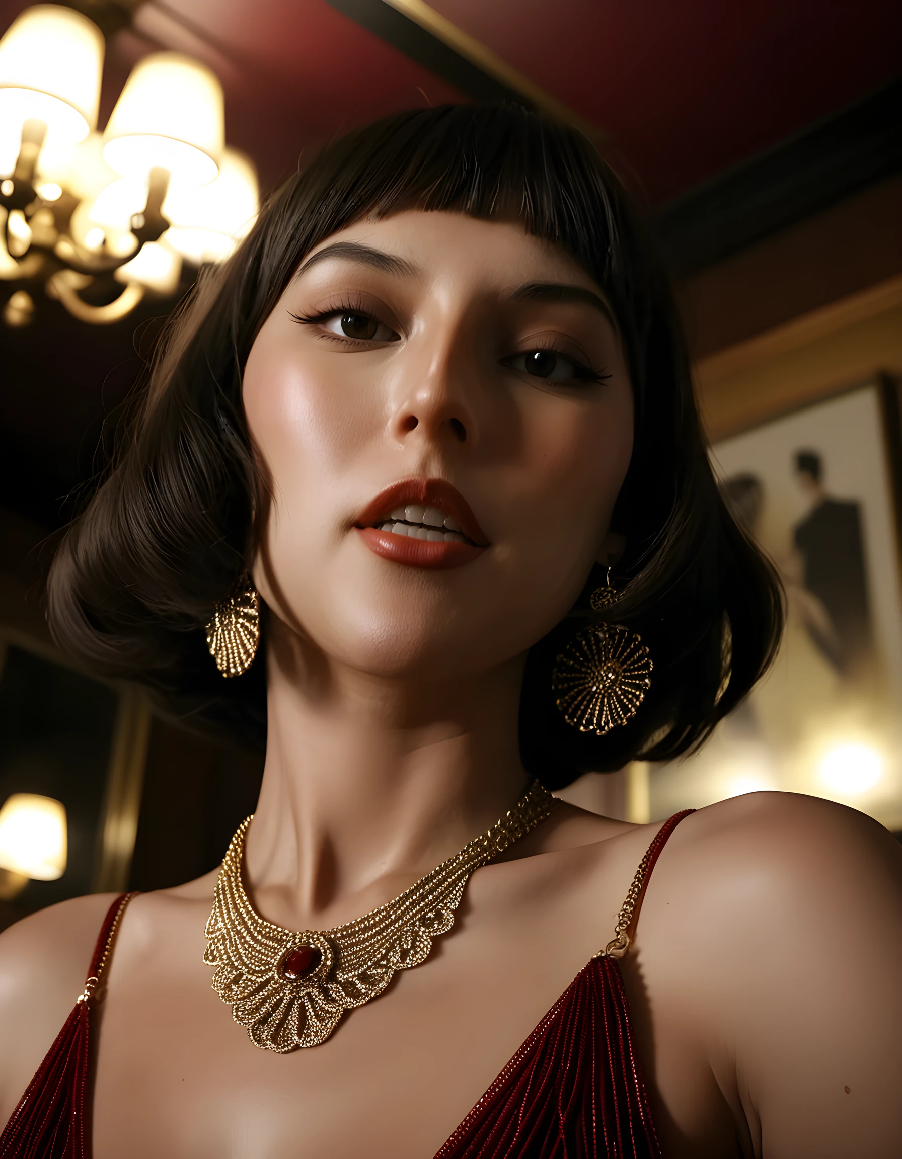 In a surreal, noir-inspired scene, the woman D415YD4Y is captured in a dramatic close-up portrait. Her rich brown hair cascades down her back, framing her striking face adorned with heavy bangs that cast intriguing shadows over one eye. The camera angles from below emphasizes the length of her long lashes, capturing a sultry gaze as her piercing brown eyes meet the viewer's. Her lips, painted a deep red, are pursed slightly, revealing a single silver stud in her bottom lip and a hint of white teeth. She wears a unique outfit reminiscent of a vintage 1940s flapper dress, adorned with intricate gold jewelry that glints under the dim, smoky light of a dimly lit speakeasy. The background details reveal a glimpse of the bar and a few shadowy figures, creating an air of mystery and allure, while the emotional tone is one of captivating seduction.