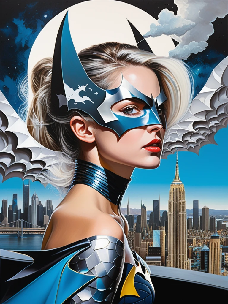 <lora:11VisualArt_Hap_XL:1.5>,Sandra Chevrier style,collage,torn paper effect ,pop art, comic book, Batman, Robin, superhero, Silver-haired young man, iridescent wings, perched on floating city edge, clouds nestle twisting spires, shifting buildings, light-crafted bridges, deep twilight blue sky adorned by gentle pulsing constellations, liquid stardust river winding amidst architecture, surreal luminescent hills horror vacui horizon bathed in soft otherworldly glow, mysterious, ultra-realistic, digital painting, dramatic lighting, volumetric