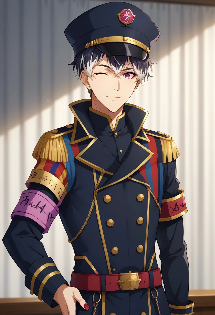 score_9, score_8_up, score_7_up, source_anime, highly detailed,
momosesunohara, 1boy, male focus, hat, solo, uniform, nail polish, red nails, military, military uniform, black hair, white hair, two-tone hair,  hand on hip, looking at viewer, single armband, belt, epaulettes, wink, smile,
purple eyes, buttons, smile, military hat, double-breasted, upper body,
indoor, stage,