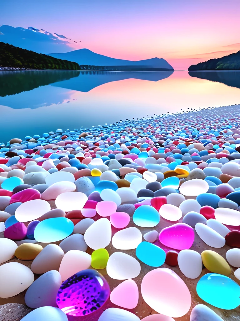 glass beach, colorful pebbles, gemstone cobbles, crystal marbles, multiple colored transparent beads, glowing, sky, lake, scenery, <lora:glassbeach_sdxl:1>