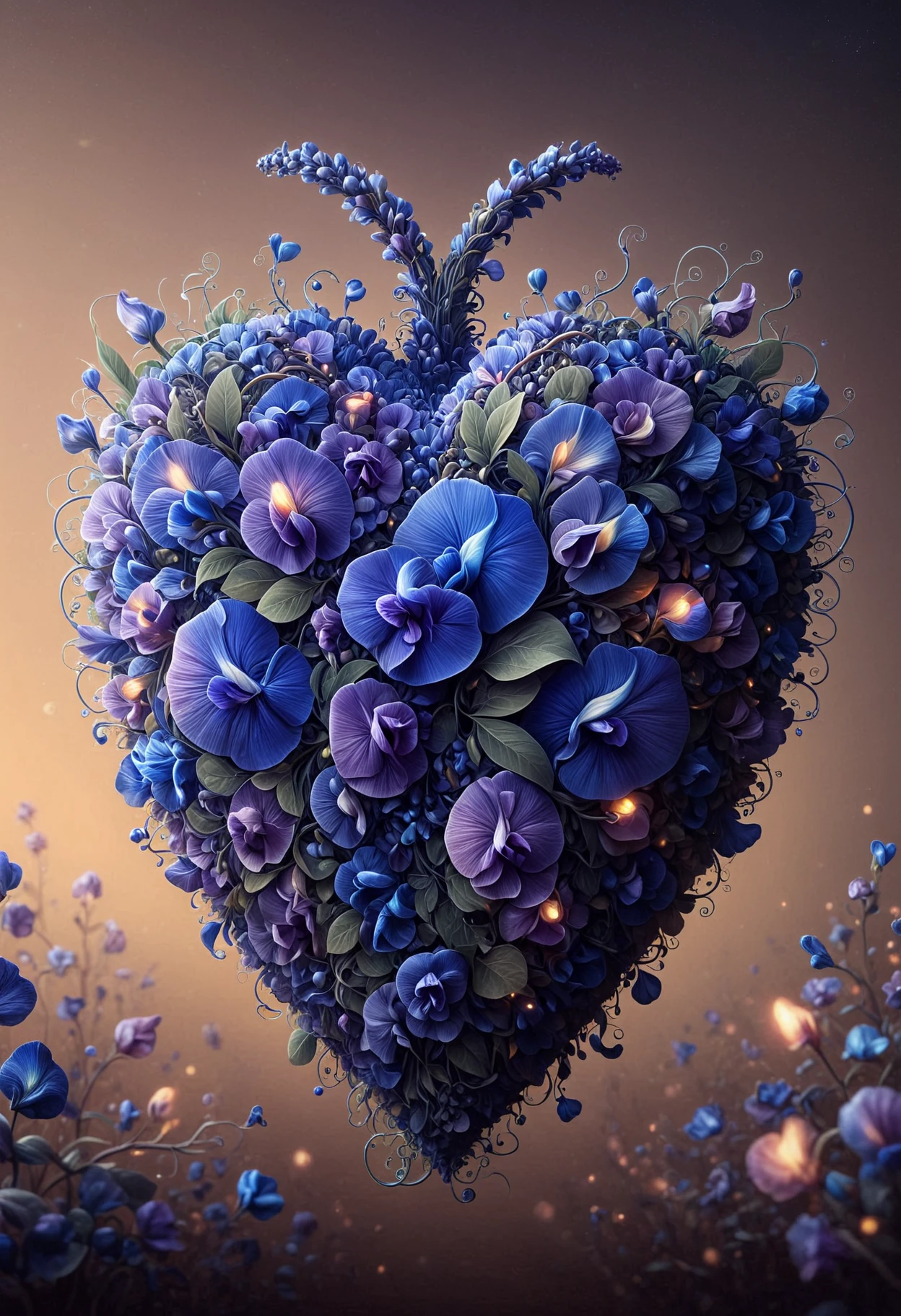 a highly detailed, surreal, and vibrant cinematic photograph of a heart crafted from intricately woven, set against a rich, gradient background with hues of deep blues and purples, evoking a sense of mystery and wonder, with a thick, cinematic film grain texture, and a shallow depth of field, drawing the viewer's attention to the heart's mesmerizing, three-dimensional structure, with a subtle, warm glow emanating from within, as if pulsing with life, all captured in a precise, photorealistic style with vivid, bold colors, and a composition that is both hauntingly beautiful and thought-provoking, made out of butterfly pea flowers, <lora:PinkieBttflwrsSDXL:1>, p1nkbttrflyp3a,