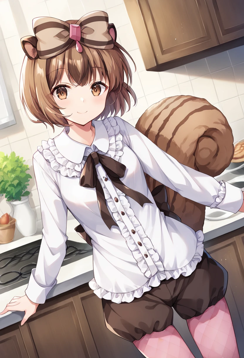 score_9,score_8_up,score_7_up,source_anime,masterpiece,best quality,game cg,1girl,solo,little_girl,chokyuruiyu_(show_by_rock!!),brown eyes,short hair,brown hair,multicolored hair,hair bow,animal ears,squirrel tail,squirrel ears,ribbon,bow,frills,white shirt,long sleeves,brown pantyhose,pink pantyhose,argyle,argyle legwear,shorts,center frills,<lora:chokyuruiyuSB69:1>,kind_smile,cowboy_shot,looking_at_viewer,kitchen,dynamic_angle,