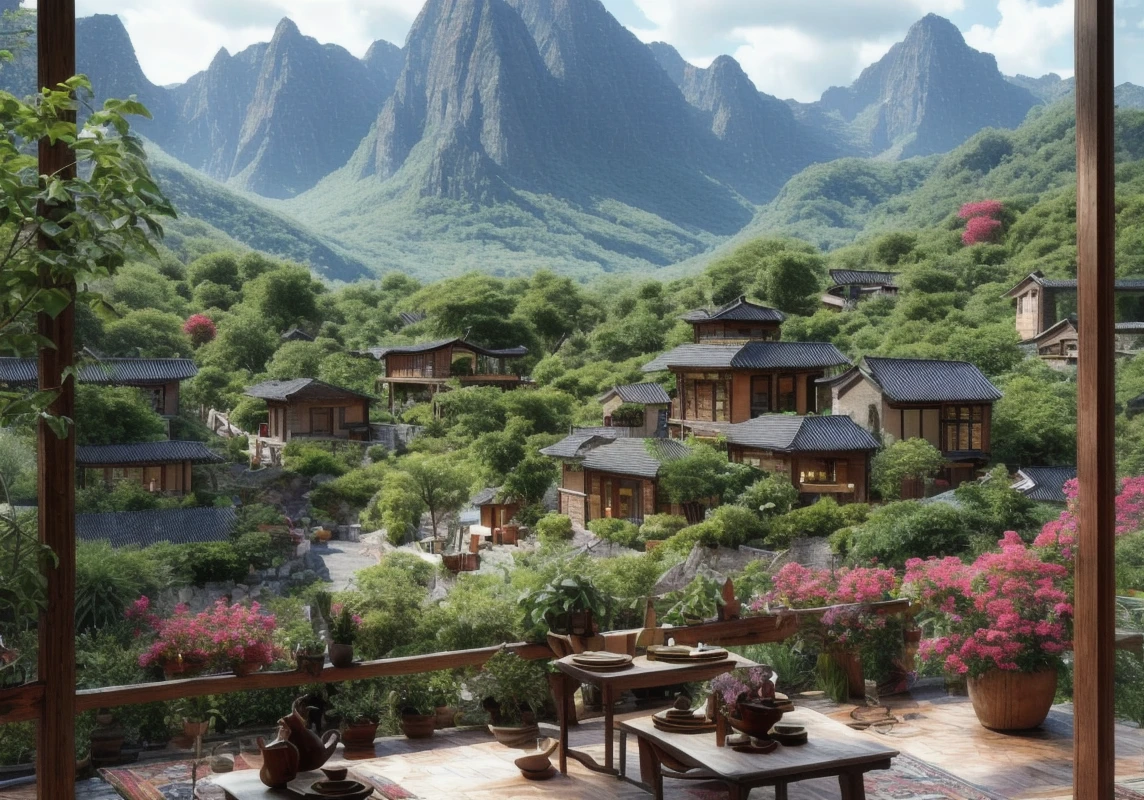 under roof, no humans, architecture, indoors open to the outdoor nature, buildings outside, plant, table, mountain, tree, teapot, potted plant, cup, food on the table, day, garden, vase, wooden floor, sky, flower, outdoors, building, flower pot, <lora:Utopian Rustic Chinese Interior:1>, (masterpiece),(high quality), best quality, super detailed, (full detail),(4k),8k, scenery