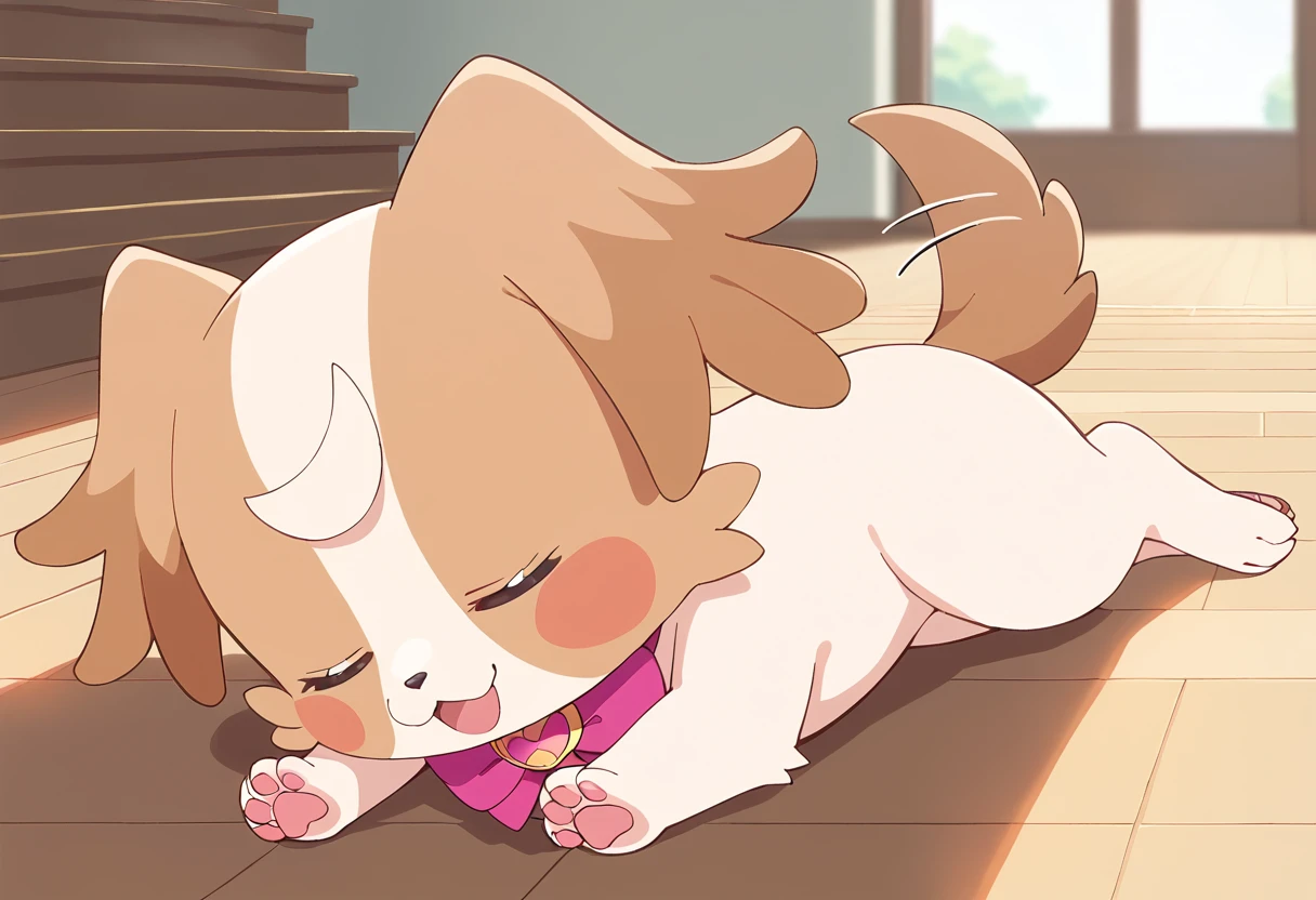 score_9, score_8_up, score_7_up, source_anime, BREAK
kmg-dog, no humans, closed eyes, open mouth, solo, smile, pink bow, indoors, lying, blurry background, pink neckwear, on side, happy, sleeping, stairs, hug, ^ ^, :d, blush stickers, blush, animal focus, :3, on stomach, brooch, dog, 1other, dog tail, brown tail, creature, tongue, purple bow, depth of field, pink ribbon, day, red bow, closed mouth, window, tail wagging, from side, wooden floor, collar, on back, purple neckwear, full body, pink bowtie, facing viewer, brown fur, two-tone fur, dog ears, pawpads, flat color, body fur, white fur
<lora:cure_wonderful_inukai_komugi_sdxl_locon_pony_v1:0.7>