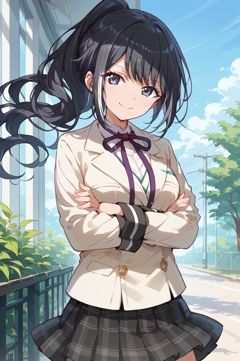 score_9, score_8_up, score_7_up, score_6_up, 1girl, 
 <lora:Kuina_Moriyasu:0.9> kuina, solo, school uniform, ponytail, skirt, black hair, crossed arms, jacket, plaid skirt, plaid, long hair, smile, neck ribbon, looking at viewer, miniskirt