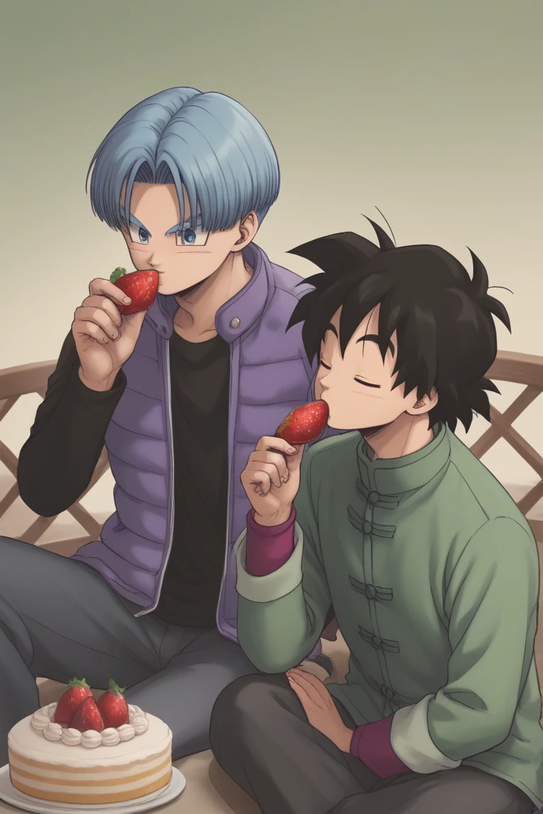 score_9, score_8_up, score_7_up, score_6_up, masterpiece, best quality, amazing quality, best aesthetic, absurdres, intricate details, multiple boys, 2boys,
goten_super, black hair, black eyes, trunks_super, blue hair, blue eyes, strawberry, feeding, fruit, sitting, cake, closed eyes<lora:EMS-446676-EMS:1.000000>