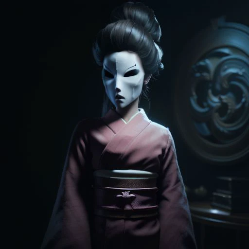 high res, good quality, accurate face, ((high resolution:1.2), (hi-res:1.2), masterpiece, best quality),  easynegative, ng_deepnegative_v1_75t, bad-picture-chill-75v, The Lady, video game character, Little Nightmares, Red kimono , porcelain mask , Taller woman, in a dark room,