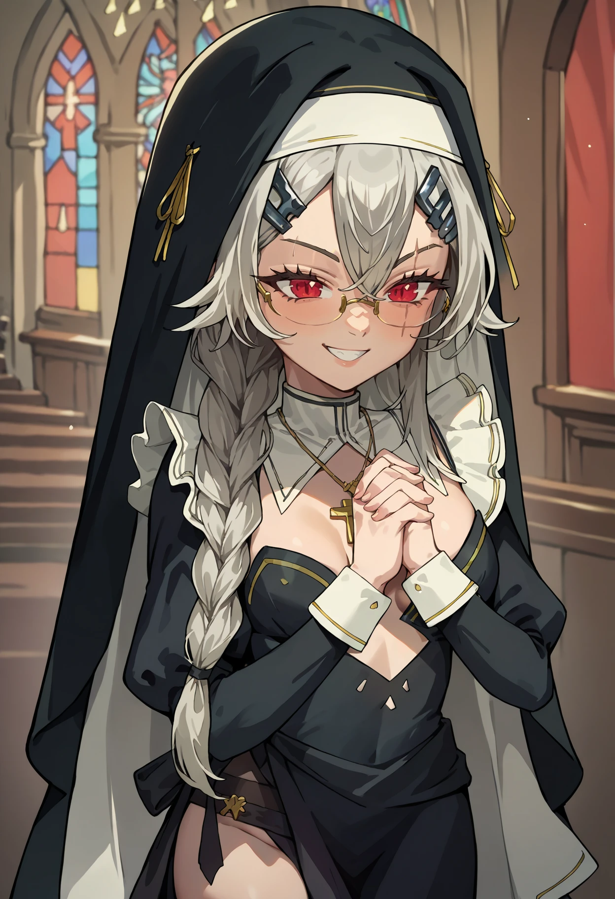 score_9, score_8_up, source_anime, 1girl, solo, SarueiNun, grey hair, glasses, scar across eye, long hair, braid, hairclip, nun, nun habit, detached collar, necklace, cleavage, black dress, side slit, thigh strap, black thighhighs, church, own hands clasped, smile, <lora:ChamSarueiPonyXL:1>