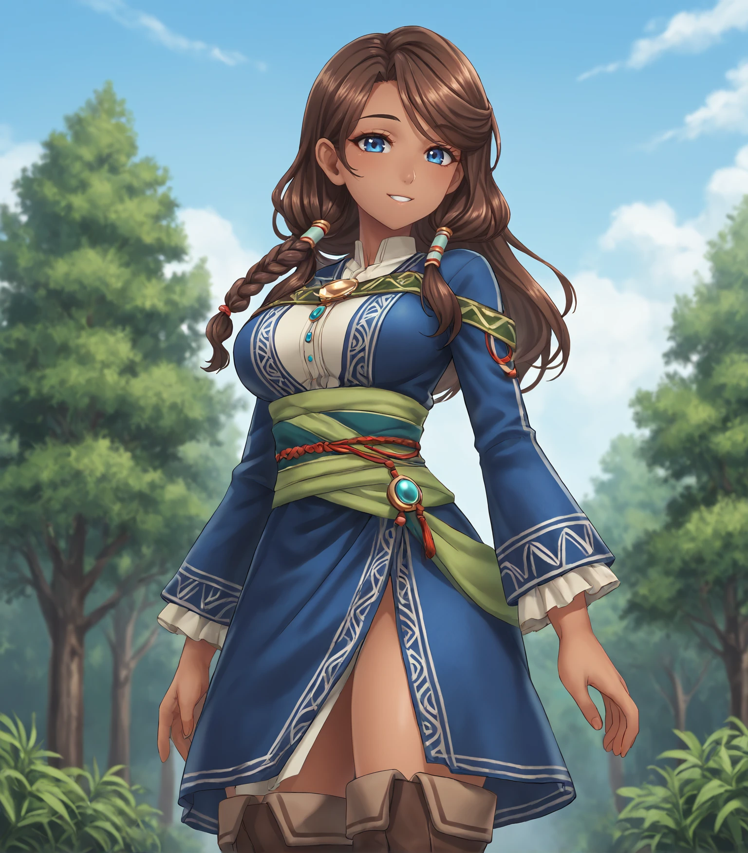 score_9, score_8_up, score_7_up, score_6_up, score_5_up, score_4_up, BREAK source_anime,
1girl, solo, cowboy shot looking at viewer, smile, outdoors, sky, trees,
<lora:Racoonkun_Artist_Style:0.6>, racoonsan,,
<lora:FatmaWorzel:0.9>, Fatma Worzel, brown hair, long hair, blue eyes, braid, hair ornament, hair tubes, dark-skinned female, large breasts, blue dress, brown boots, jewelry,