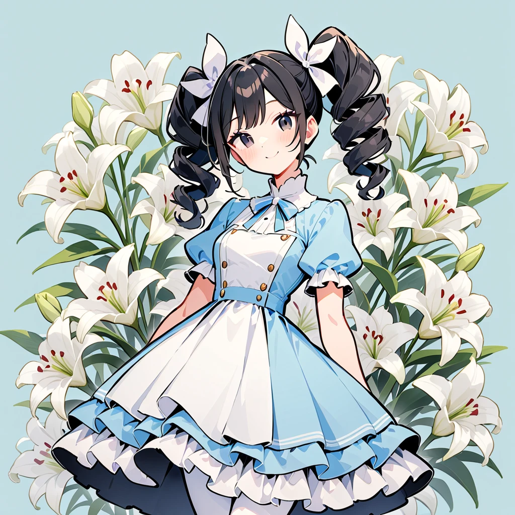 masterpiece, best quality, very aesthetic, absurdres, (flat color, limited palette:0.5), 
1girl,solo,black hair,twintails,twin drills, (black eyes:1.1),white frilled dress,white glove,white hair ribbon,long dress,puffy sleeves,small breasts,white tights,posing,smile,jitome,head tilt, 
white lily background,light blue background,<lora:Flowered_pattern:0.7>,<lora:marker:0.5>,<lora:Fixhands_anime_bdsqlsz_V1:1>,<lora:StS_age_slider_v1_initial_release:2>