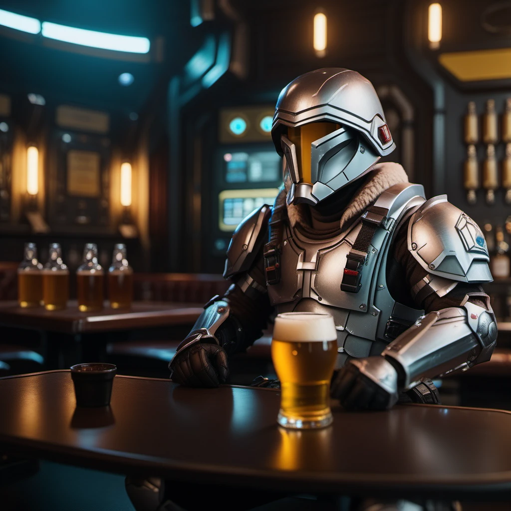 cinematic photo man wears armor and helmet, science fiction, having a beer in a pub  <lora:NodArmor1024:0.8> . 35mm photograph, film, bokeh, professional, 4k, highly detailed