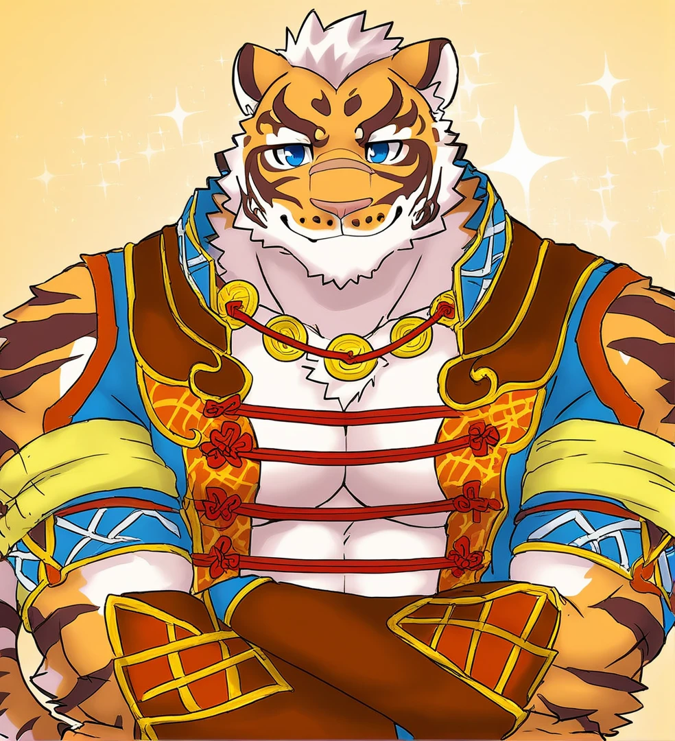 front view,official clothes,<lora:linhu-000004:1.1>,(linhu:1.2),male focus,tiger stripes,yellow,clothing cutout,furry male,large pectorals,yellow bandage,smile,three copper coins,scar on face,solo,bara,necklace,red rope,furry,upper_body,looking_at_viewer,arms_crossed,<lora:Furry_Enhancer_6.1:0.9>,blue eyes,