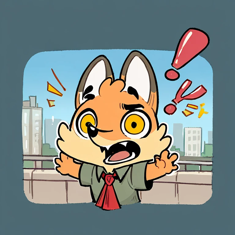 score_9, score_8_up, score_7_up, rating_safe, high quality, hires, furry, male, fox, yellow eyes, Ron, solo, shirt, necktie, chibi, open mouth, shock, exclamation mark, <lora:Ron_r1-1.5:1>, city