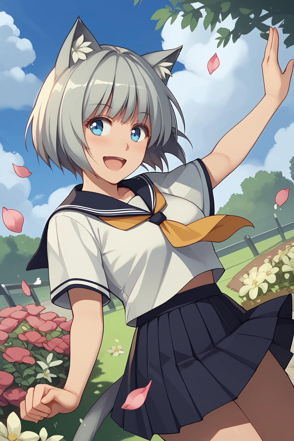 Ichigo, cat ear, cat tail, dimgrey hair, short hair, deepskyblue eyes, Serafuku, Pleated Skirt, Short Sleeves, Yellow Neckerchief,
(nsfw), (uncensored), (score_9), score_8_up, score_7_up, source_anime, cowboy shot, dynamic pose, Happy, Smile, Parted Lips, blush, ashamed, shy, sexy, charming, alluring, seductive, enchanting, erotic,
((outdoors)), ((flower garden)), ((flowers)), ((many flowers)), spring petals, petals of flowers, spring, falling petals, flying butterflies<lora:EMS-446378-EMS:1.000000>