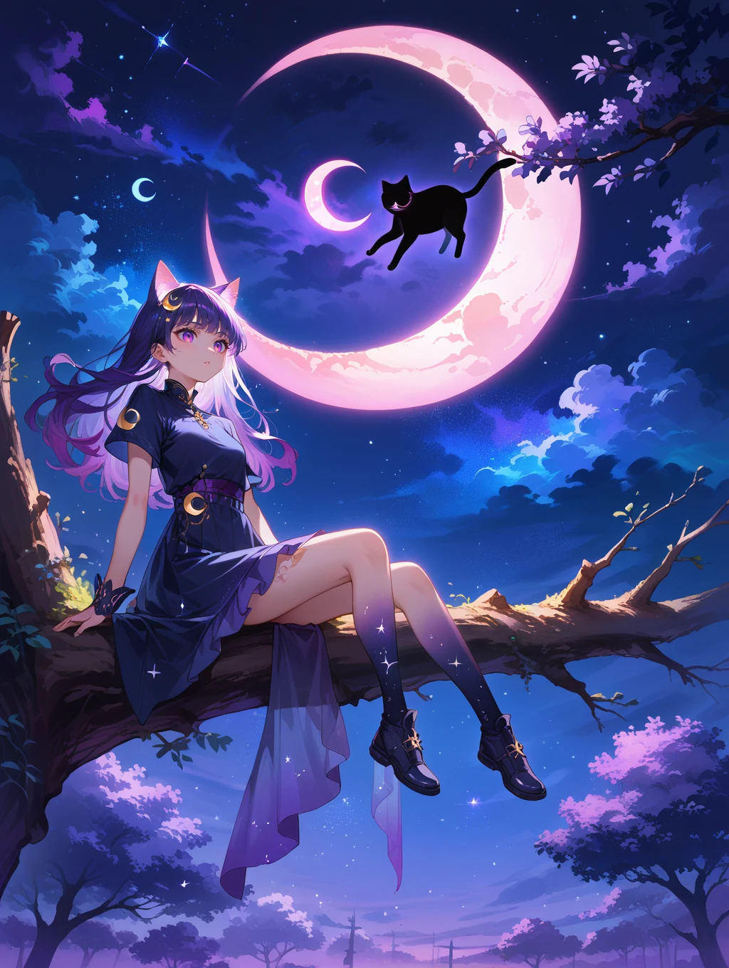 score_9, score_8_up, score_7_up,source_anime,
1girl,mixed Korean,Kpop idol, Surreal night scene,silhouette of a cat sitting on a tree branch,crescent moon in the sky,purple hues,starry night,dreamlike atmosphere,glowing edges,mystical,high contrast,ethereal light,detailed textures,whimsical,
