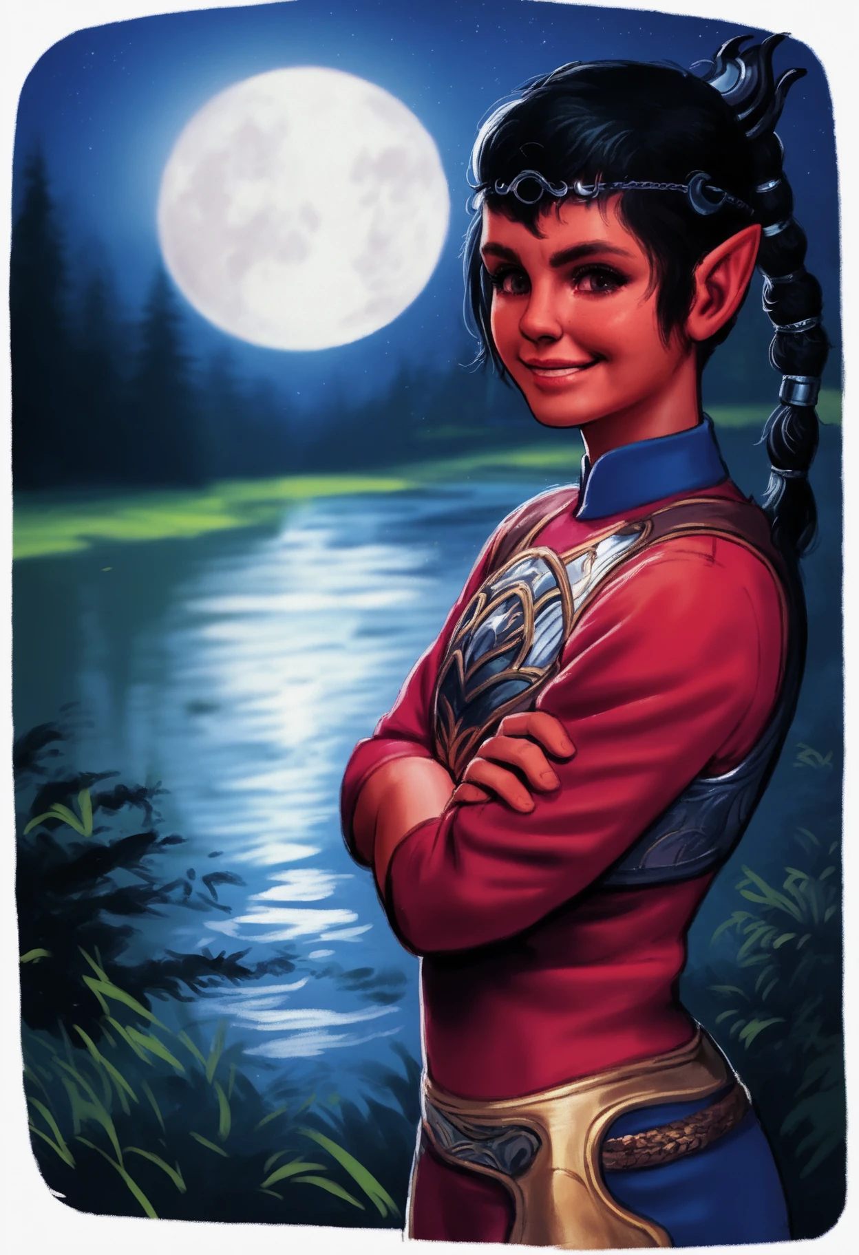 score_9, score_8_up, score_7_up, score_6_up, score_5_up, score_4_up, marlier, BREAK,
1girl, shadowheart, black hair, braided ponytail, upper body, armor, pointy ears, crossed arms, smile, looking at viewer, night, moon, lake, forest, blurry background       <lora:MarcelMarlierXLLocon:1> <lora:ShadowHeartXL:1>