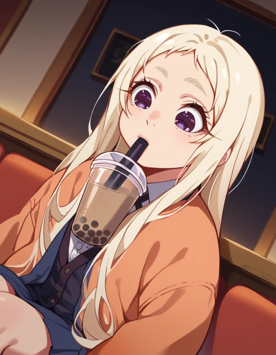 score_9, score_8_up, score_7_up, source_anime, <lora:runa-yomozuki-s2-ponyxl-lora-nochekaiser:1>, runa yomozuki, long hair, blonde hair, purple eyes,, <lora:bubble-tea-challenge-ponyxl-lora-nochekaiser:1>, bubble tea challenge, bubble tea, object on breast, drinking straw, drinking straw in mouth, drinking, cup,, indoors, sitting, looking down, , cowboy shot, dutch angle