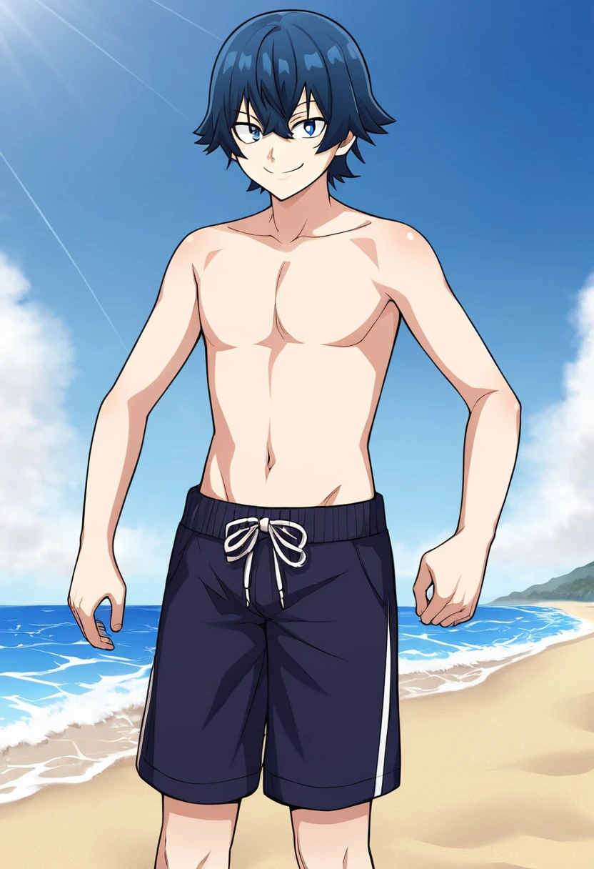 1boy, naked, short pants, big chest, wet,bulge, blush,boy, beach