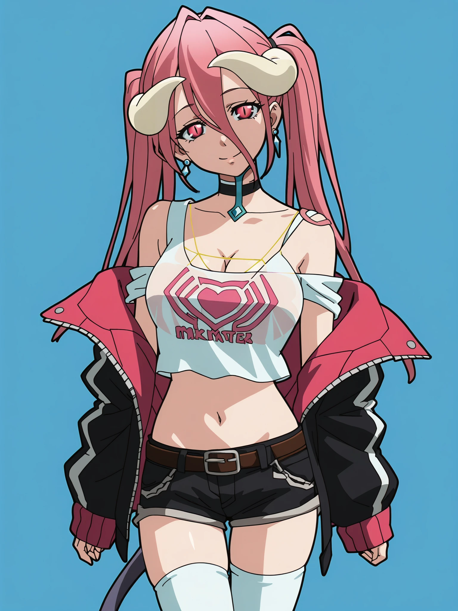 score_9, score_8_up, score_7_up, score_6_up, score_5_up,
1girl, solo, breasts, tail, pink_hair, horns, demon_tail, shorts, jacket, twintails, large_breasts, smile, looking_at_viewer, long_hair, navel, choker, black_background, pink_eyes, short_shorts, belt, demon_girl,  pink_jacket, demon_horns, simple_background, tank_top, open_jacket, cleavage, black_shorts, open_clothes, thighhighs, off_shoulder, bare_shoulders, closed_mouth, head_tilt, hair_between_eyes, cowboy_shot, jewelry, micro_shorts, collarbone, black_choker, white_thighhighs, crop_top, bangs, earrings, clothes_writing, shirt, midriff, standing, see-through, contrapposto, long_sleeves
 <lora:Overlord:1>