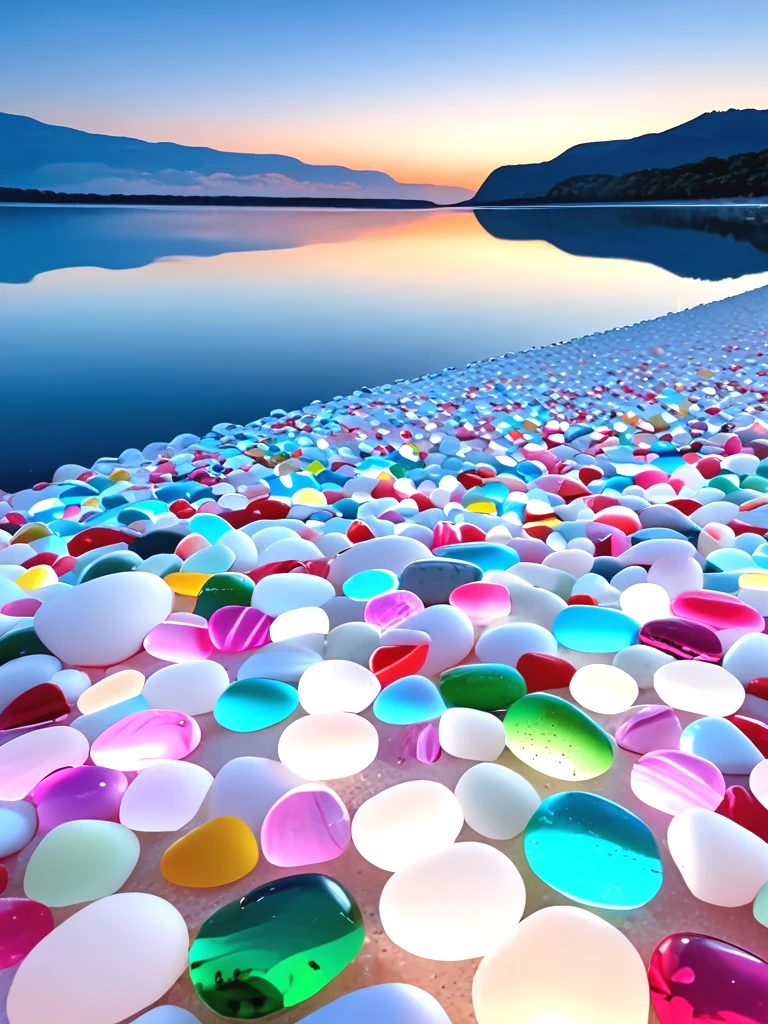 glass beach, colorful pebbles, gemstone cobbles, crystal marbles, multiple colored transparent beads, glowing, sky, lake, scenery, <lora:glassbeach_sdxl:1>