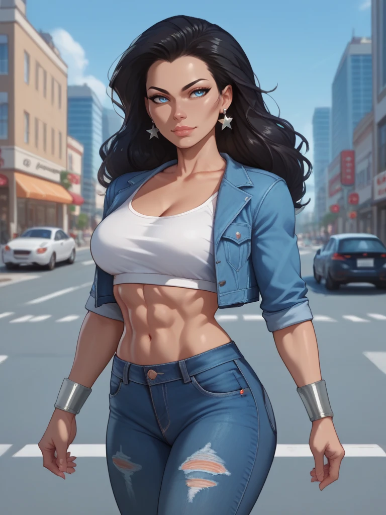 score_9, score_8_up, score_7_up, 1girl, Diana, 1girl, long hair, blue eyes, black hair, bracers, (blue cropped jacket), white denim jeans, white crop top, earrings, city street, buildings, cityscape
 <lora:WonderWoman-100reps:1>