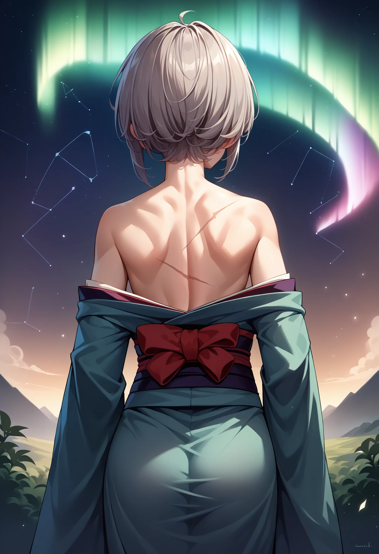 score_9, score_8_up, source_anime, 1girl, solo, Saruei, grey hair, glasses, scar across eye, short hair, aurora, back, bare back, bare shoulders, constellation, from behind, kimono, light particles, long sleeves, off shoulder, <lora:ChamSarueiPonyXL:1>