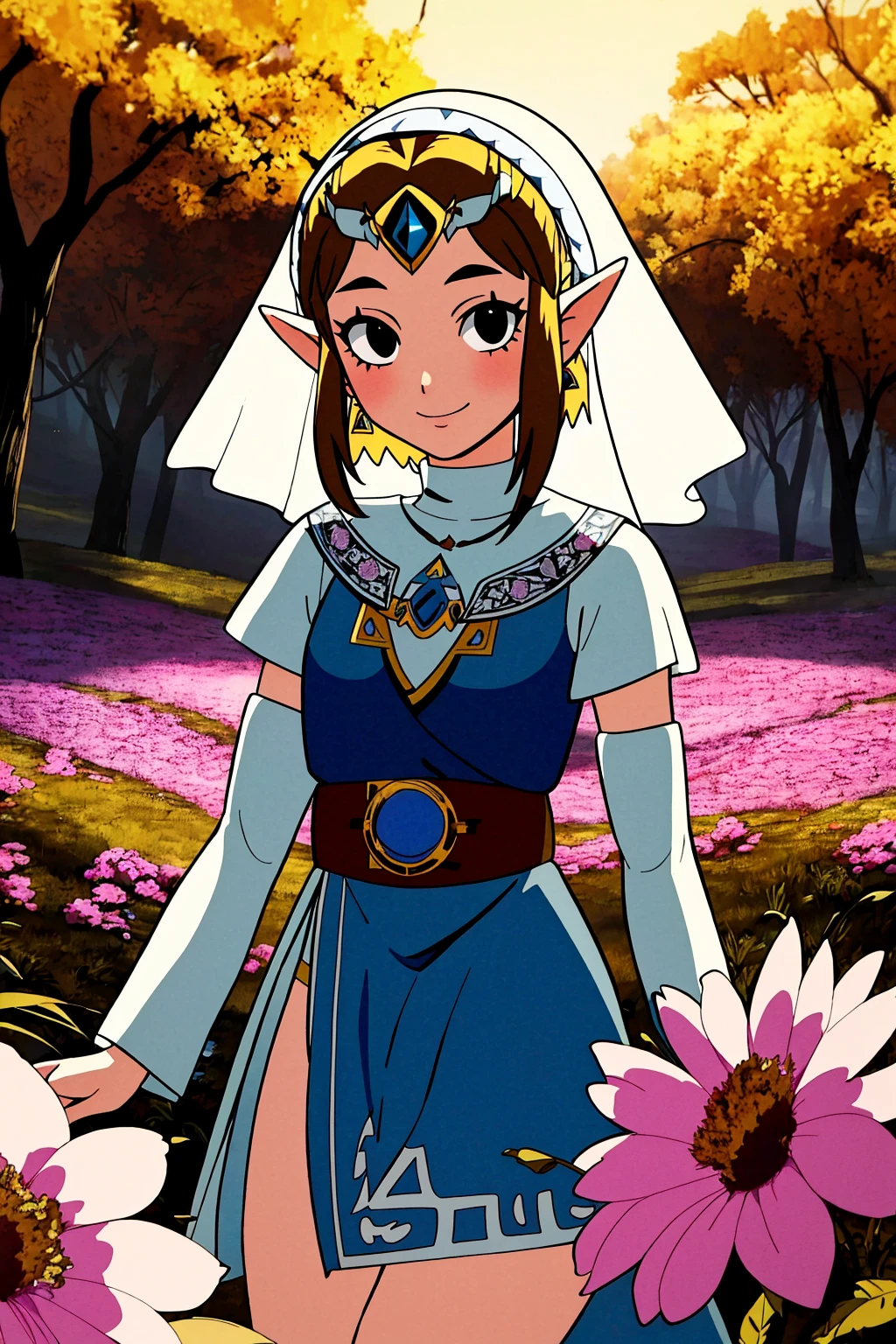 masterpiece, ultra-detailed, best quality, illustration, 8k cg wallpaper, an extremely delicate and beautiful, 1girl, Princess Zelda /(The Legend of Zelda/), solo, perfect anatomy, smiling, blushing, perfect arms, perfect legs, cute, pretty, beautiful, sexy, perfect body, (background: flowery field, grass, trees, flowers, ruins, intricately detailed items in background), <lora:OtGW:1>