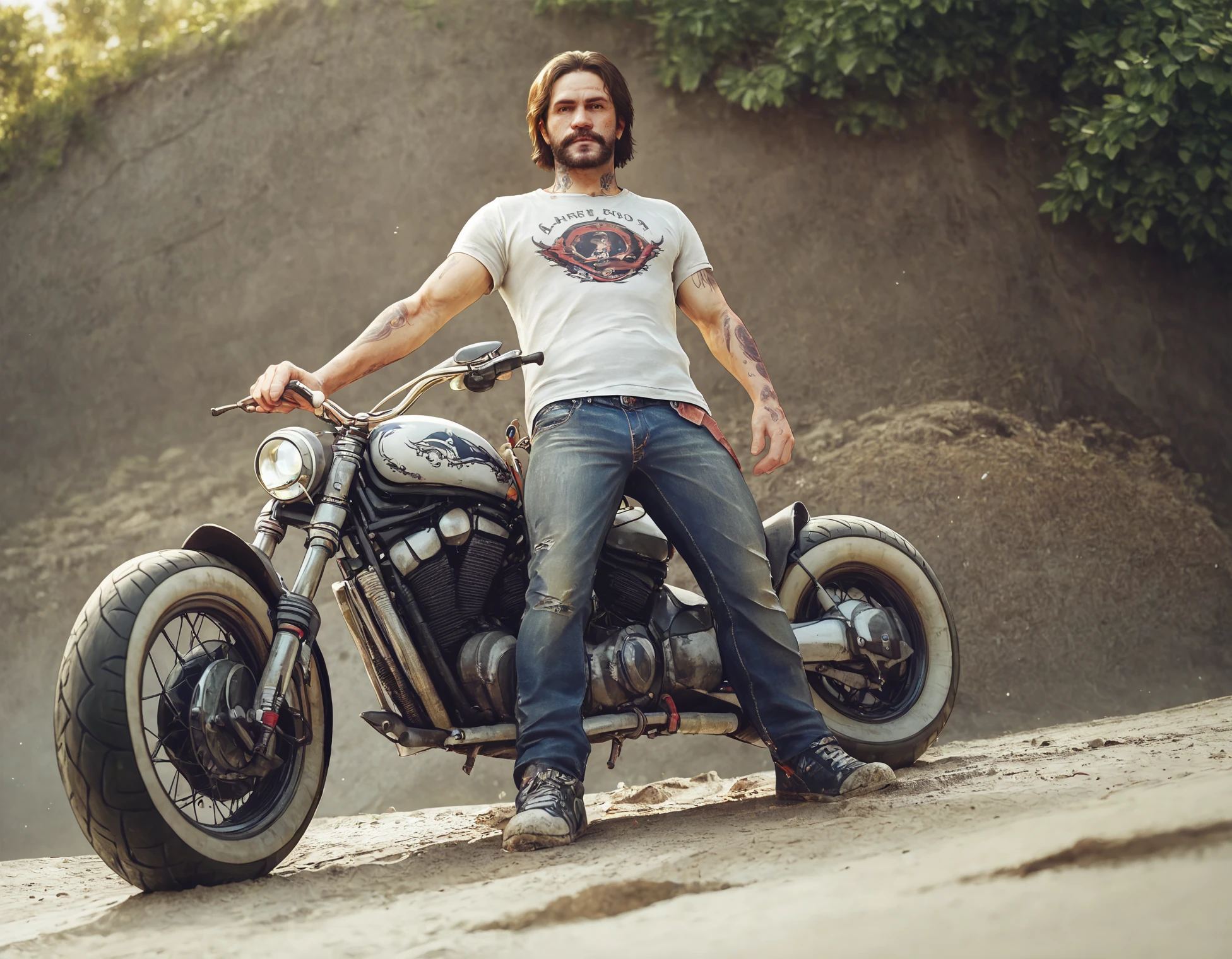 score_9, score_8_up, score_7_up, BREAK 1boy, solo, looking at viewer, full body, from below,
beard, mustache, short hair,
standing, jeans, white t-shirt, tattoo,
outdoors, dirt road, detailed background, motor vehicle, motorcycle,  <lora:Deacon_St._John:1>