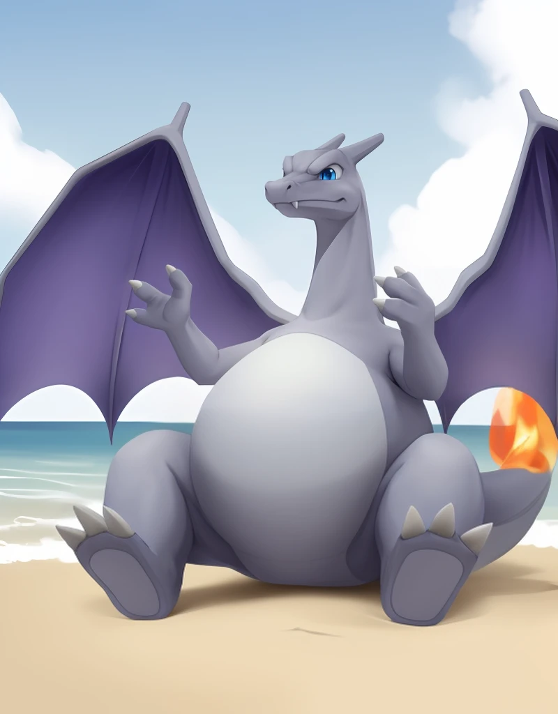 (((detailed eyes, detailed face))), ((feral, grey charizard <lora:character_charizard_ssb_findigo_v1:0.9>, grey skin, purple wings, blue eyes, white claws, 3 fingers), flame-tipped tail, fangs out), male, (solo), (plump, fat, chubby, overweight), (nude), sitting, (spreading legs), smile, (front view) BREAK (konzaburou, ukan_muri), beach, (flat shading, flat color, high brightness), 8k, UHD, masterpiece, (full body)