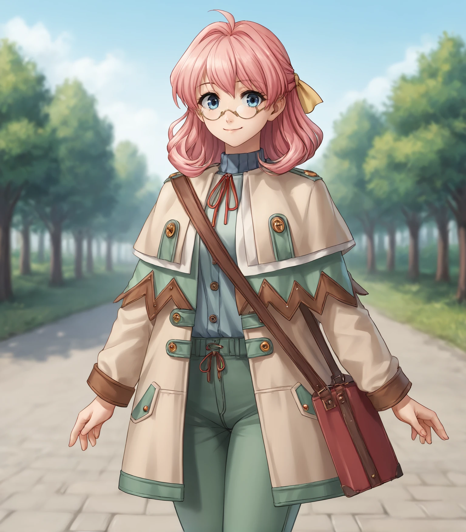 score_9, score_8_up, score_7_up, score_6_up, score_5_up, score_4_up, BREAK source_anime,
1girl, solo, cowboy shot looking at viewer, smile, outdoors, sky, trees,
<lora:Racoonkun_Artist_Style:0.6>, racoonsan,,
<lora:DorothyHyatt:0.9>, Dorothy Hyatt, pink hair, medium hair, hair ribbon, blue eyes, medium breasts, glasses, coat, green pants, shoes, shoulder bag,