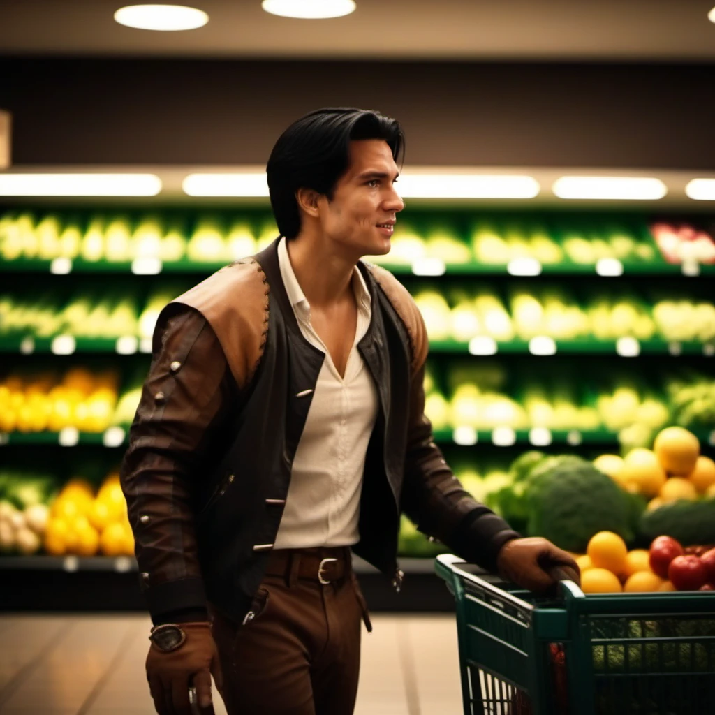 cinematic photo a full body portrait of a man, black hair, jacket, leather, is shopping in a grocery shop <lora:RidleyFreeborn1024:0.8> . 35mm photograph, film, bokeh, professional, 4k, highly detailed