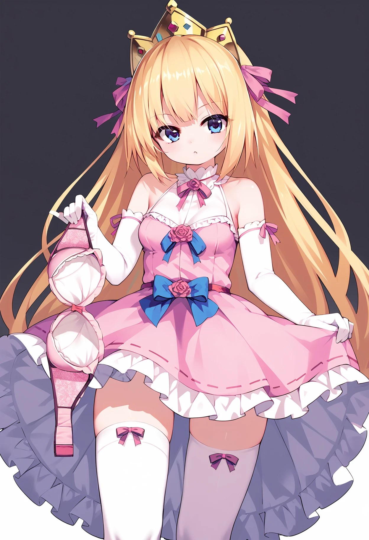 score_9, score_8_up, score_7_up,source_anime,rating_explicit,uncensored,anatomically correct,best perspective BREAK
1girl, solo, <lora:PrincessRutee:1>  rutee, blonde hair, long hair, blue eyes, thighhighs, dress, pink dress, crown, gloves, elbow gloves, white gloves, ribbon, detached sleeves, pink footwear, 
 <lora:braoffer17:0.9> braoffering, unworn bra, laced bra, twohandbraoffer,bra in front of girl,