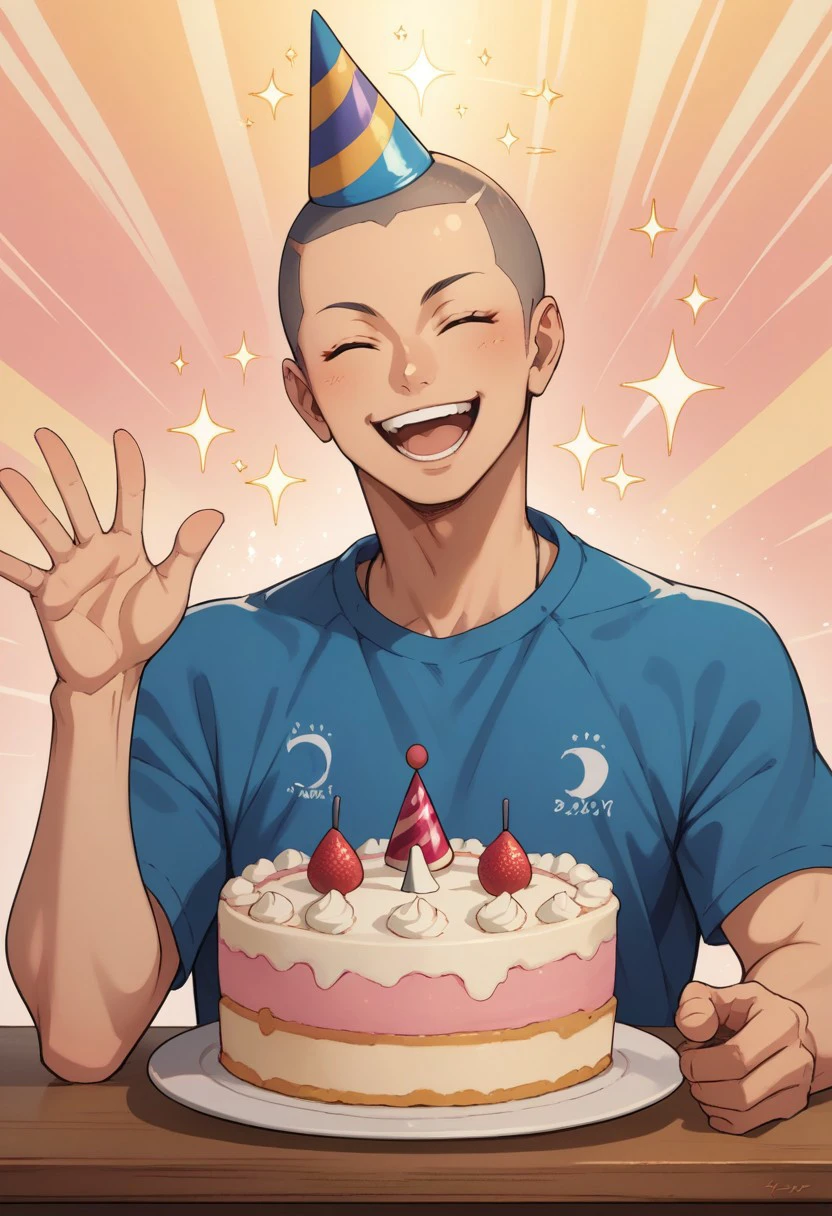 score_9, score_8_up, score_7_up, source_anime, rating_safe, sparkles effects, Tanaikyu, black buzz cut, 1boy, male focus, closed eyes, casual clothes, party hat, open mouth, wide smile, teeth, upper body, hands with five fingers, happy birthday, cake on table, simple patterned background, cute wallpaper, happy-cheery,